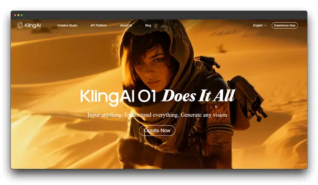 The KlingAI O1 landing page featuring a cinematic desert scene, highlighting its "Does It All" capability as one of the high-end AI Video Generators: Video Generators: AI video that can generate any vision from simple user input.  Al Video Generators: Video Generators: Al video
