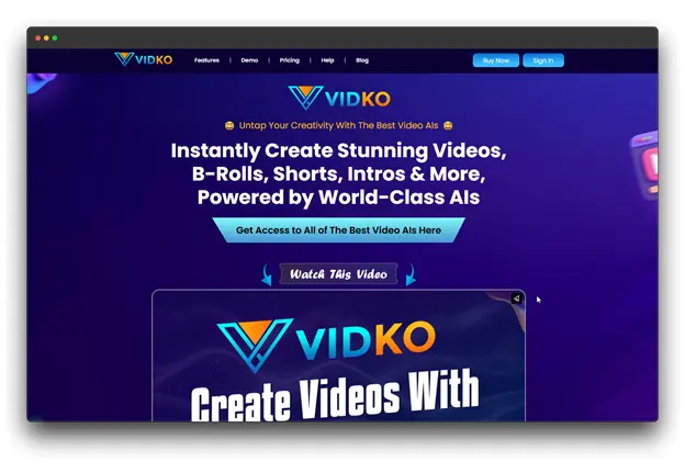 screenshot of the VIDKO website. The main heading reads "Instantly Create Stunning Videos, B-Rolls, Shorts, Intros & More, Powered by World-Class AIs." A button below the text says "Watch This Video." A smaller video player shows the title "Create Videos With." Keywords: Faceless Video Creation Tool, video creation, faceless video.