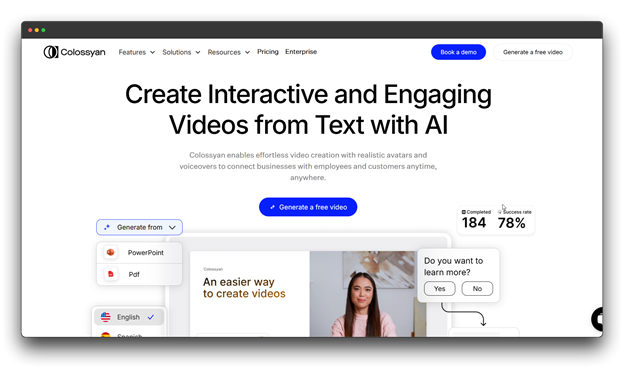 Colossyan homepage promoting the ability to "Create Interactive and Engaging Videos from Text with AI," showing an avatar and options to generate from PowerPoint or PDF.

🔑 Keywords: AI Video Generator; Video Generators; Faceless Videos; Colossyan Interactive Videos; Text to Video with Avatars