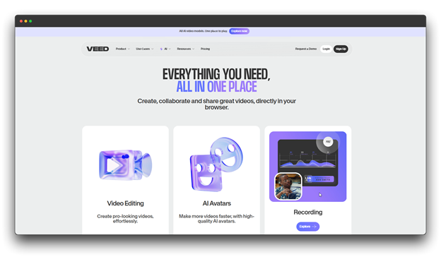 VEED homepage highlighting its all-in-one platform for video editing, AI Avatars, and recording, proving its capability as one of the versatile Video Makers Online. Al Video Makers; Al Video Makers Online; Video Makers Online