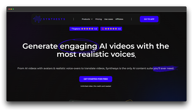 Synthesys homepage: "Generate engaging AI videos with the most realistic voices," describing its service as an AI content suite with avatars and realistic voice-overs to translate videos.

🔑 Keywords: AI Video Generator; Video Generators; Faceless Videos; Synthesys AI videos; Realistic voice-overs