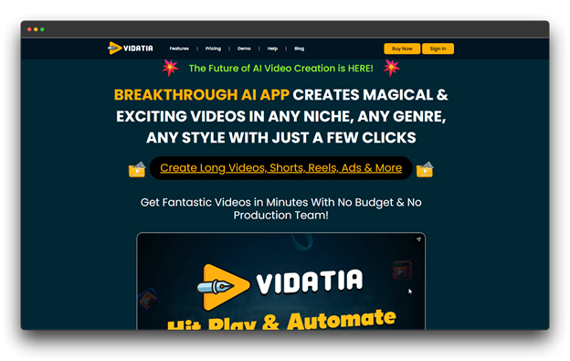 Alt Text: The Vidatia website homepage showcases a breakthrough AI Video Generators: Video Generators: AI video app designed to create magical videos in any niche or style with just a few clicks, including long videos, shorts, reels, and ads without a production team.  Al Video Generators: Video Generators: Al video