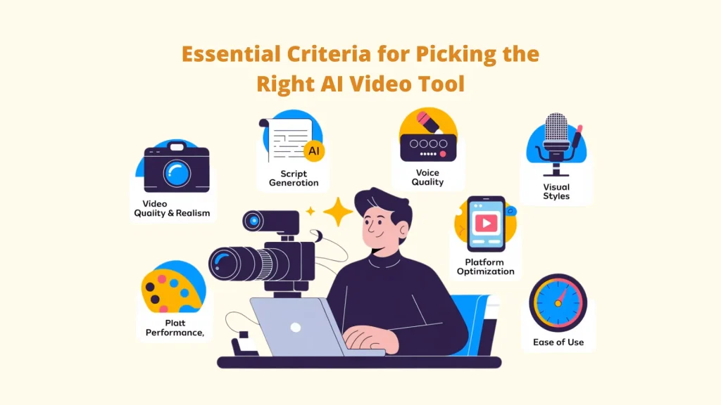A professional illustration outlining essential criteria for picking the right AI Video Generators. It features a creator at a laptop with icons representing video quality, script generation, voice quality, visual styles, and platform optimization to ensure the best results when creating AI video content with modern video generators.  Al Video Generators: Video Generators: Al video