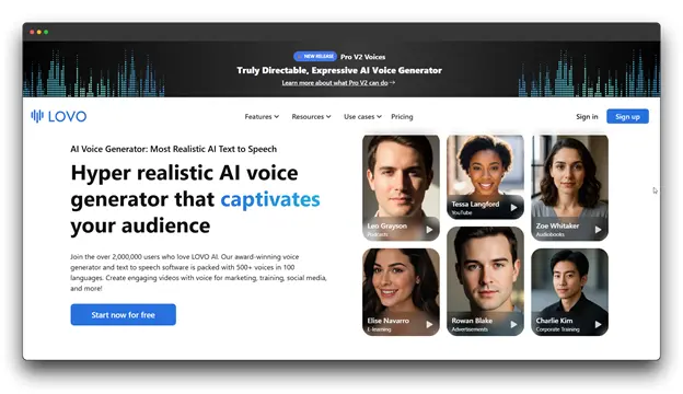 A screenshot of the LOVO website, an AI voice generator. The main heading is "Hyper realistic AI voice generator that captivates your audience." The page shows a button to "Start now for free" and features profiles of different voice actors with their names and use cases. Keywords: Faceless Video Creation Tool, video creation, faceless video.