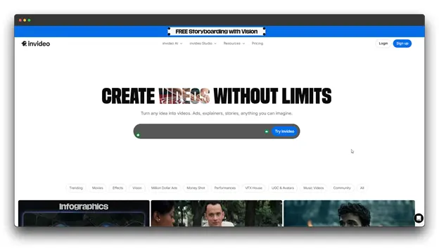 InVideo's website header stating "Create Videos Without Limits," showing a workspace designed for AI Video Generators: Video Generators: AI video enthusiasts to turn ideas into ads, explainers, and stories with ease.  Al Video Generators: Video Generators: Al video