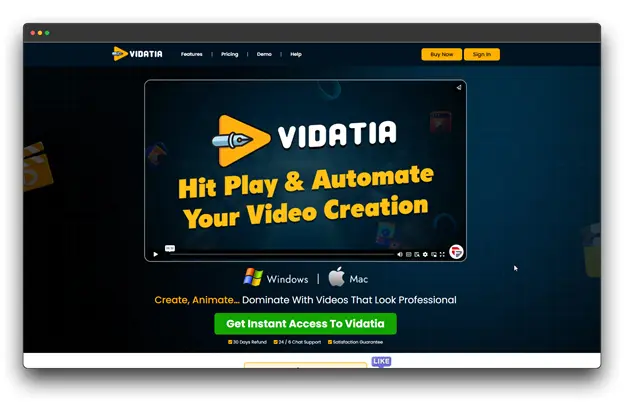 A screenshot of the Vidatia website. The main section features a video player with the text "Hit Play & Automate Your Video Creation." Below the video, there are icons for Windows, Apple, and Mac, and the text "Create, Animate, Dominate With Videos That Look Professional." A green button says "Get Instant Access To Vidatia." Keywords: Faceless Video Creation Tool, video creation, faceless video.