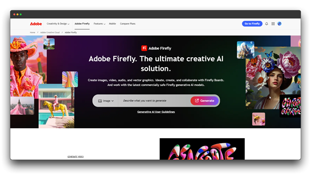 Adobe Firefly website, an ultimate creative AI solution for generating images, video, audio, and vector graphics, representing a professional-grade AI Video Makers Online tool. Al Video Makers; Al Video Makers Online; Video Makers Online
