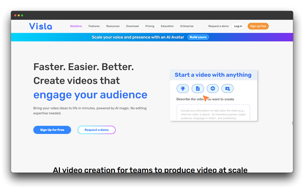 Visla homepage promoting faster, easier, and better video creation with AI magic and emphasizing its ability to scale video production for teams, a key benefit of AI Video Makers. Al Video Makers; Al Video Makers Online; Video Makers Online