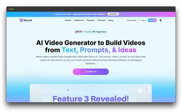 Steve AI homepage featuring an AI Video Generators: Video Generators: AI video tool that builds videos from text, prompts, and ideas, helping users create content without the need for complex software or hiring professionals.  Al Video Generators: Video Generators: Al video