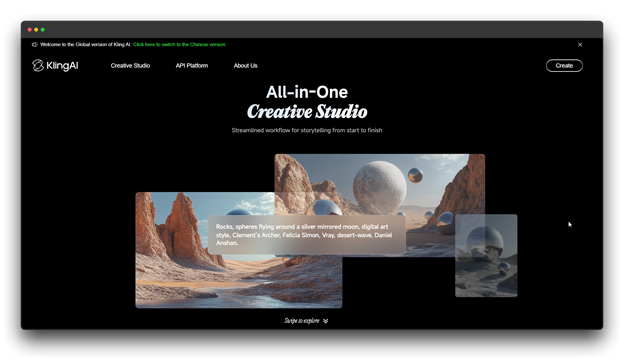 KlingAI Creative Studio homepage displaying a surreal, generated landscape with descriptive text, showing a high-end generative AI Video Makers interface. Al Video Makers; Al Video Makers Online; Video Makers Online
