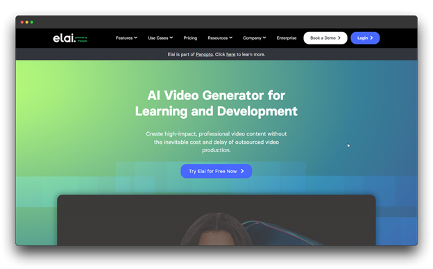 Elai.io homepage showing "AI Video Generator for Learning and Development," promising to create high-impact, professional video content without the cost and delay of outsourced video production.

🔑 Keywords: AI Video Generator; Video Generators; Faceless Videos; Elai.io Learning Development; Professional video content AI