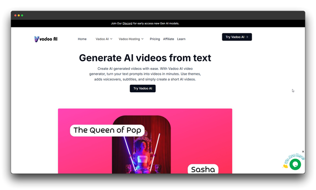 Vadoo AI homepage: "Generate AI videos from text," claiming to create AI-generated videos with ease using text prompts, themes, voiceovers, and subtitles to create short AI videos.

🔑 Keywords: AI Video Generator; Video Generators; Faceless Videos; Vadoo AI; Generate AI videos from text