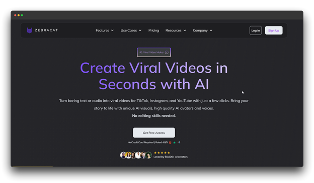 Zebracat homepage, marketed as the "#1 Viral Video Maker," which creates viral videos in seconds with AI for TikTok, Instagram, and YouTube using text or audio to generate visuals and high-quality AI avatars/voices.

🔑 Keywords: AI Video Generator; Video Generators; Faceless Videos; Zebracat Viral Video Maker; AI avatars and voices