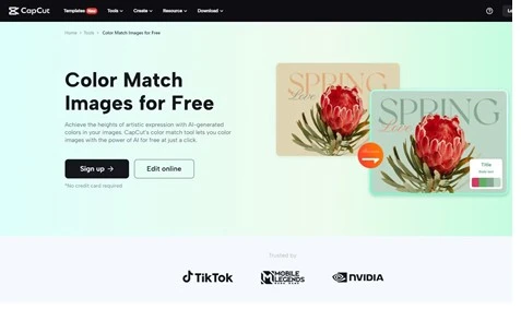 CapCut's "Color Match Images for Free" feature page, illustrating how users can achieve artistic expression using AI Video Generators: Video Generators: AI video technology to automatically match colors in images for high-quality visual content.  Al Video Generators: Video Generators: Al video