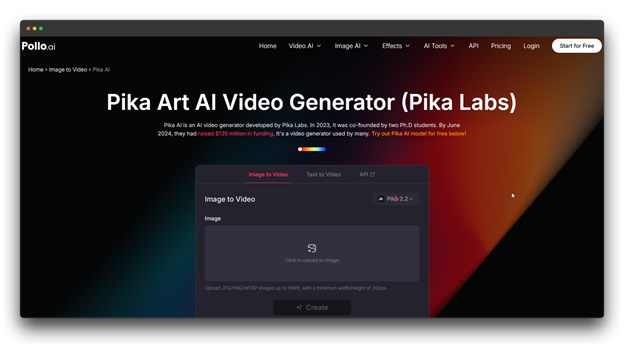 Pika Art AI Video Generator (Pika Labs) tool interface for generating video from an uploaded image, with options for Image to Video and Text to Video, noting it raised $135 million in funding.

🔑 Keywords: AI Video Generator; Video Generators; Faceless Videos; Pika Labs AI; Image to Video Generator
